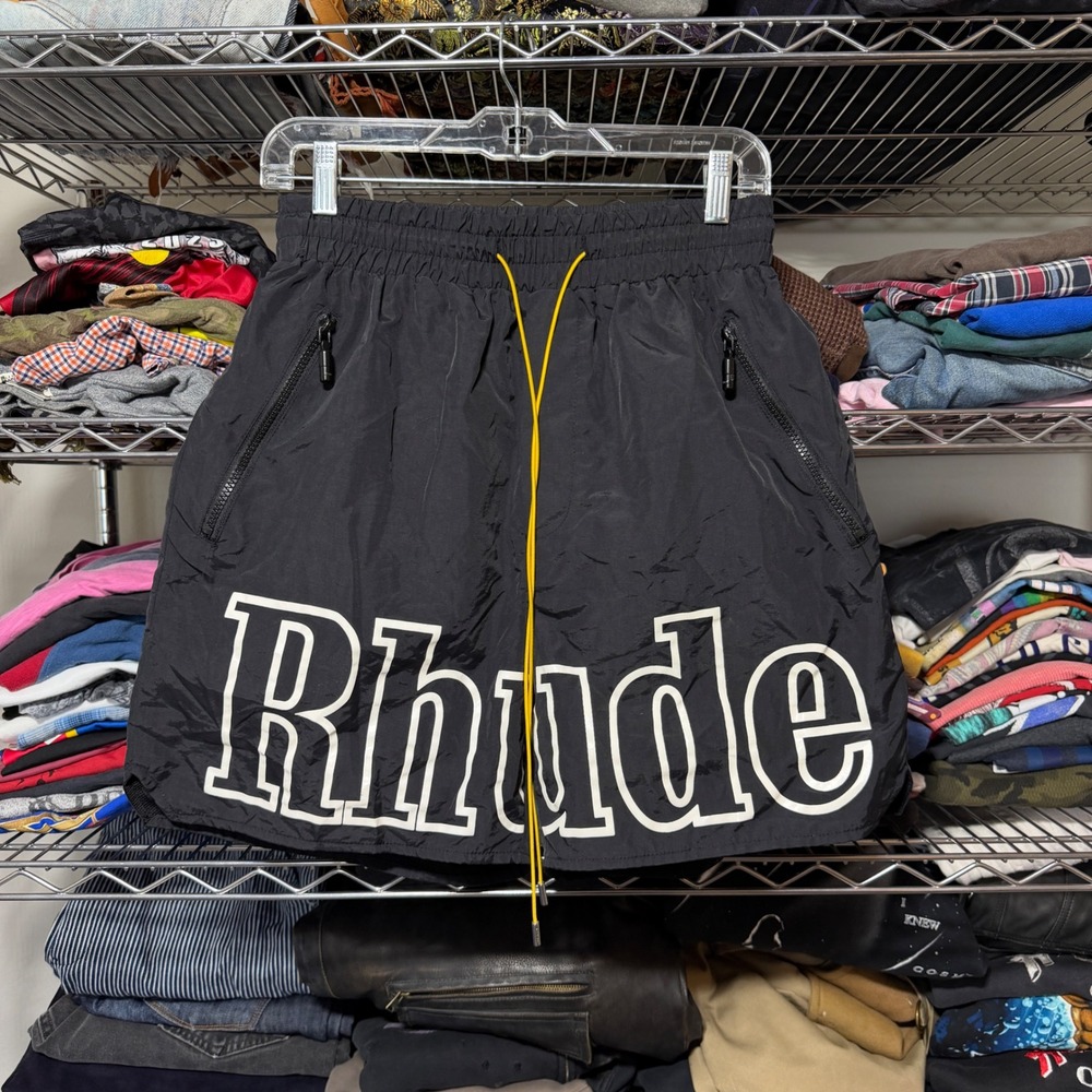 Rhude Shorts Mens Medium Black Logo Nylon Yellow Drawstring Streetwear Authentic